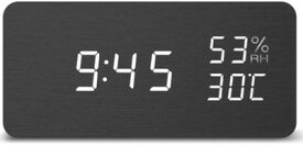 【ポイント10倍_お買い物マラソン】目覚まし時計 木製 置き時計 大音量 デジタル 温度湿度計 木目調デジタル 大きなLED数字表示 アラーム 多機能 カレンダー付き 省エネ 音声感知 USB給電 電池 ナチュラル風 黒 白字