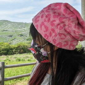 タオルのケア帽子★猫耳帽子 ヒョウ柄★ピンク★中厚ふわふわ★選べるタグ タオル帽子 抗がん剤治療 医療用帽子 オールシーズン ヒョウ柄タオル アニマル柄