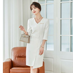 受付 制服 ワンピース レディース 夏 事務服 オフィス エステサロン ユニフォーム フォーマル vネック 膝丈 着痩せ キレイめ おしゃれ 無地 ビ