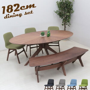 ダイニングテーブルセット 楕円 丸テーブル 5点セット 幅182cm 5人掛け 5人用 sbkt182-5-pani341wn ダイニングセット イス3脚 160cmベンチ1台 光線張り バースト ウォールナット 北欧 モダン だ円 オー