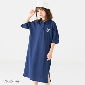 キッズ MLB ポロワンピース ロング 子供服 半袖 5分袖 女の子 ロゴ トップス 刺繍 ドロップショルダー アップリケ ワッペン ドジャース ヤンキース アスレチックス 公式 グッズ 夏服 100 110 120 130 140 150cm