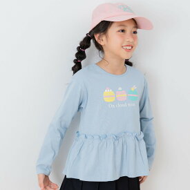 ゆうパケ送料無料 ペプラム 長袖 Tシャツ キッズ 綿100％ 子供服 ベビー服 カットソー ロンT フリル ギャザー フレア 切替 女の子 プリント イラスト トップス 柄バリ chil2 秋冬 90 100 110 120 130 140cm [M便 1/1]