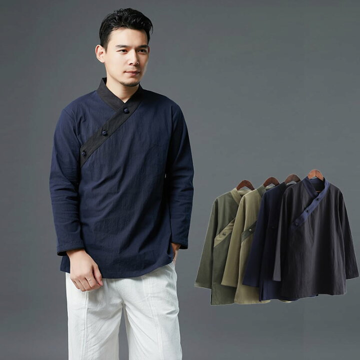 楽天市場 チャイナ服 メンズ チャイナシャツ 漢服 男性用 斜め襟 斜め開き 立ち襟 3つボタン チャイナボタン 中華風 送料無料 チャイナカジュアル 楽天市場店