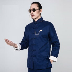 チャイナ服 メンズ チャイナジャケット カンフージャケット 太極拳服 唐装 男性用 折り返し白袖 チャイナボタン ストレッチ 純綿 中華風 【送料無料】