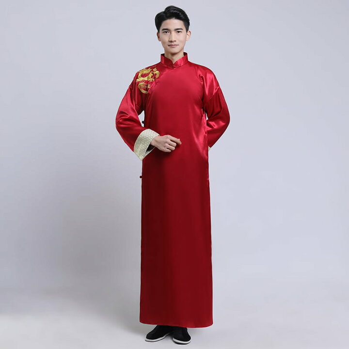 楽天市場 チャイナ服 チャンパオ 長袍 チャイナローブ パオ メンズ 男性用 丈長 中国服 折り返し 光沢 刺繍 送料無料 チャイナカジュアル 楽天市場店