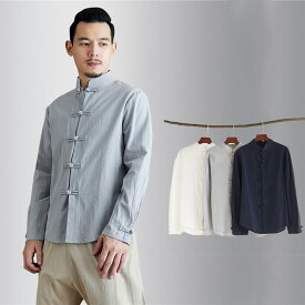 チャイナ服 チャイナシャツ メンズ カンフー服 唐装 民族衣装 男性用 中華風 チャイナボタン 薄手 ラウンドカット 綿麻 【送料無料】