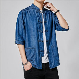 チャイナ服 デニムシャツ チャイナシャツ カジュアル 半袖 5分袖 中華風 メンズ 男性用 チャイナボタン 綿100% 【送料無料】