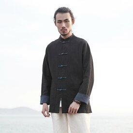 チャイナ服 チャイナシャツ メンズ カンフー服 唐装 カジュアル 中華風 カフス袖 コントラスト配色 チャイナボタン 民族衣装 送料無料 綿麻