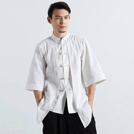 チャイナシャツ チャイナ服 メンズ 男性用 レトロ 半袖 5分袖 チャイナボタン 重ね着風 茶道服 漢服 中華風 送料無料 綿麻