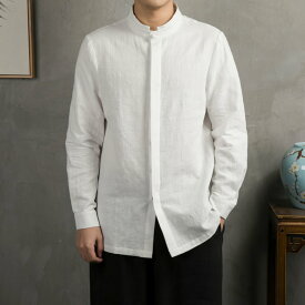 チャイナ服 メンズ チャイナシャツ 男性用 中華風 漢服 立ち襟 チャイナボタン 比翼前立て 木ボタン 綿麻 【送料無料】