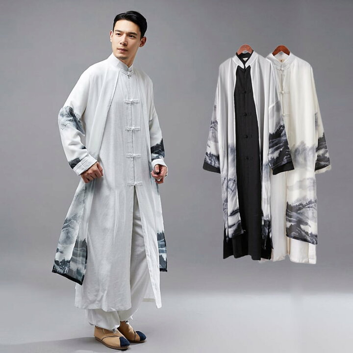 楽天市場 チャイナ服 メンズ ローブ ロング 丈長 男性用 シフォン チャイナボタン ツーピース 中華風 民族衣装 コスプレ衣装 送料無料 チャイナカジュアル 楽天市場店