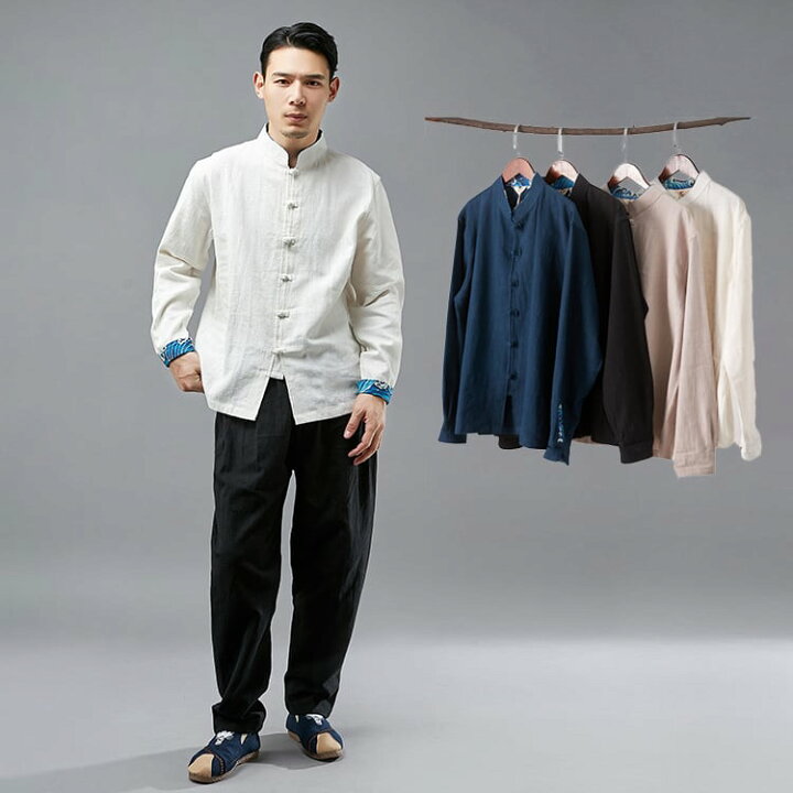 楽天市場 チャイナ服 メンズ チャイナジャケット 男性用 折り返し袖 チャイナボタン マンダリンカラー 中華風 唐装 送料無料 チャイナカジュアル 楽天市場店