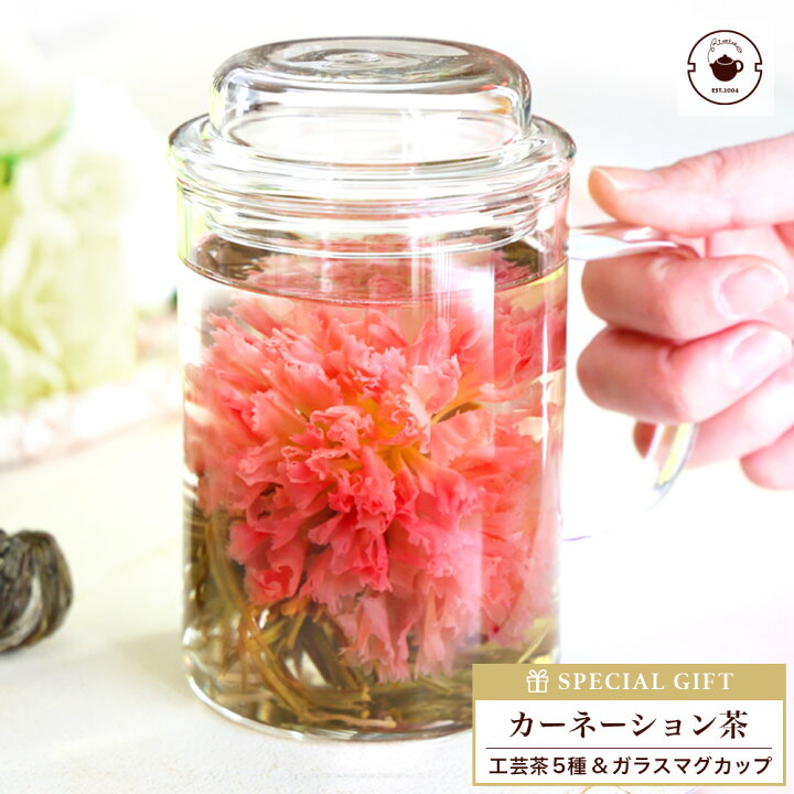 楽天市場 プレゼント カーネーション お茶 いやしセット 花咲く 工芸茶 花茶5種と耐熱ガラス マグカップ 実用的 フラワージャスミン茶 ギフト 中国茶専門店リムテー