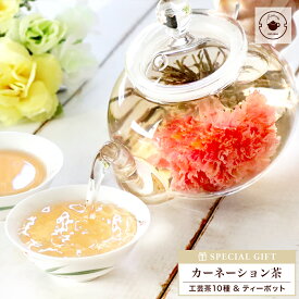 【優雅セット】カーネーション 花茶 工芸茶 10種 ガラス ティーポットセット フラワー プレゼント ブライダル ジャスミン茶 紅茶
