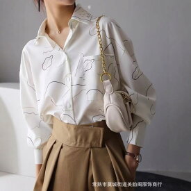 普段使い 伸縮性 長袖 シャツ ヴィンテージ フィット 欧米風 高級感 カジュアル レディース ストライプ トップス プリント フレンチ