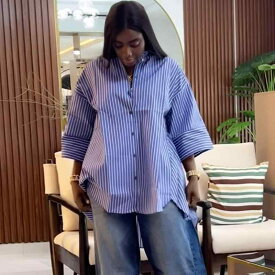 シャツ レディース トップス 普段使い 軽量 ストライプ 吸湿速乾 長袖 ブルー 伸縮性 スリムシルエット ビッグシルエット 通勤用 綿 夏