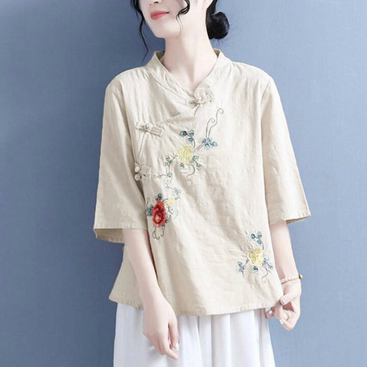 楽天市場】 刺繍 綿麻Tシャツ レディース リネンブラウス チャイナ 