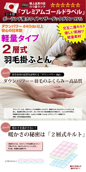 羽毛布団【送料無料】2層式羽毛掛け布団(ポーランド産ホワイトマザーダックダウン95%)セミダブルロング/プレミアムゴールドラベル付き/安心の日本製/寝具羽毛布団/軽量