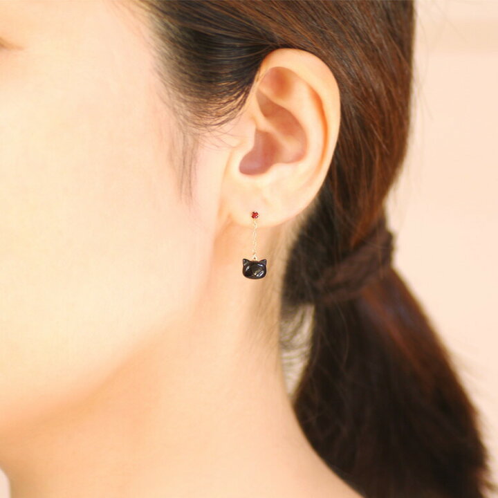 楽天市場】猫 ピアス オニキス ネコピアス ガーネット K10YG ゴールド 