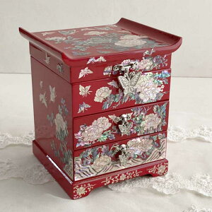 韓国螺鈿宝石箱 牡丹3段引き出しジュエリーボックス(紅赤)■jewelrybox-62-s【螺鈿】【宝石箱】【韓国】【ジュエリーボックス】【小物入れ】【結納金入れ】【高級】【ギフト】【螺鈿】