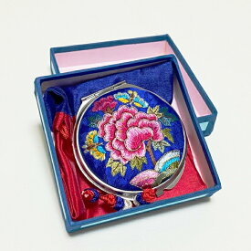 韓国手刺繍丸型コンパクト・ブルー■compact-8-s【コンパクト】【かわいい】【拡大鏡】