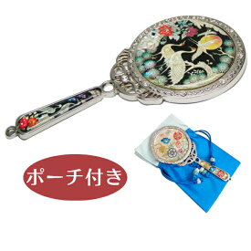 天然貝 コンパクト手鏡ミラー（鶴）シェル・螺鈿 韓国 ミラー 鏡 ポーチ付きプレゼント・ギフトにおすすめ■mirror-25-s韓国コンパクトミラーかわいいおしゃれ人気おすすめ手鏡