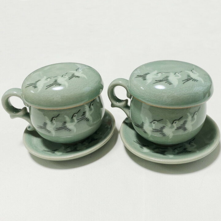 楽天市場】韓国青磁コーヒーカップ兼茶器鶴2客8ピース□chaki-30-s 