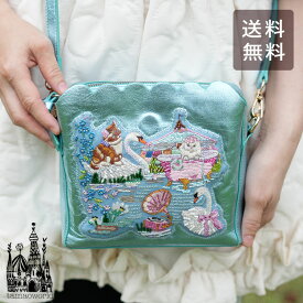 ＼P2倍＋クーポン／ お財布ポシェット スカラップショルダーバッグ Swan Lake metallic blue SHO3881 送料無料 タマオワールド ショルダーバッグ ネコ スワン 革 バッグ ポーチ 刺繍 動物 かわいい