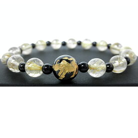 ★丑の金運と厄除け祈願ブレスレット【ウシの金彫りオニキス10mm珠、ルチルクォーツAAA8mm珠、モリオンAAA4mm珠】※内径サイズ：約14〜18cm選択可能 黒瑪瑙 金針水晶 ルチルレイテッドクォーツ Rutilelated　quart 黒水晶 Morion