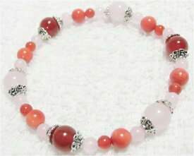 送料無料（メール便）　天然石　珊瑚　カーネリアン　ローズクォーツ　メタルパーツ　ハンドメイド　日本製　パワーストーン　ヒーリング　ブレスレット