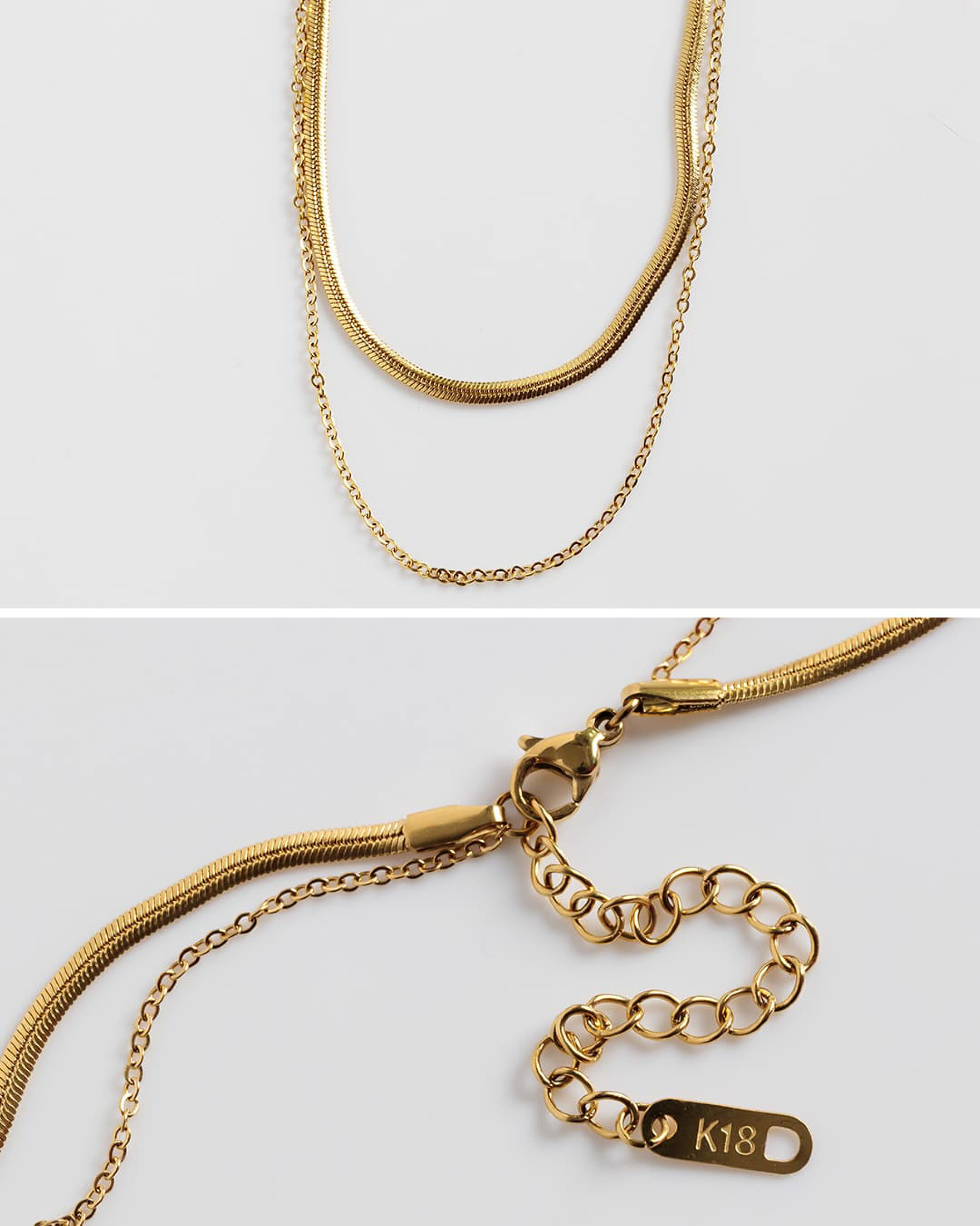 【18K】アズキ＆スネークチェーン2連チタンネックレス