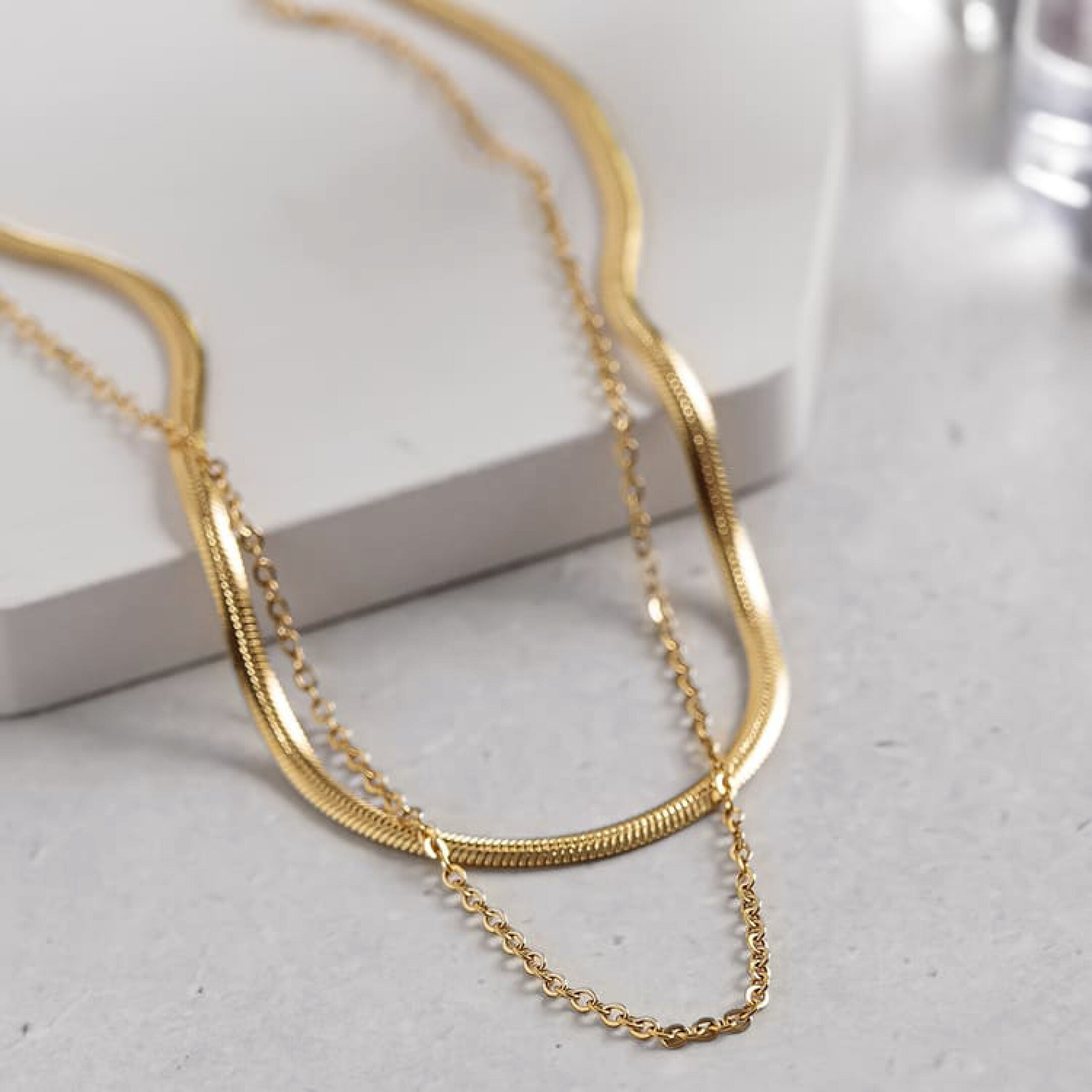 【18K】アズキ＆スネークチェーン2連チタンネックレス