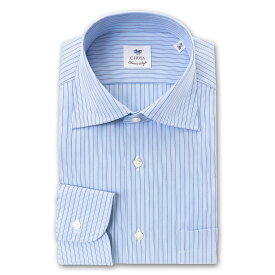 【最大1000円オフクーポンあり】 長袖 ワイシャツ メンズ CHOYA Classic Style スリムフィット Yシャツ ワイドカラー ロングポイント クラスターストライプ 水色 紺 綿100% (ccd310-350) 24FA 2406SS