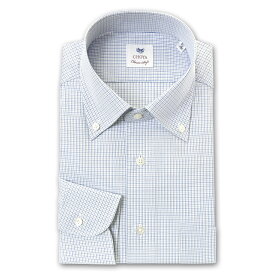 長袖 ワイシャツ メンズ CHOYA Classic Style スリムフィット 綿100% ボタンダウンシャツ ブロード タッタソールチェック ブルー グレー 綿100% (ccd312-555) 24FA