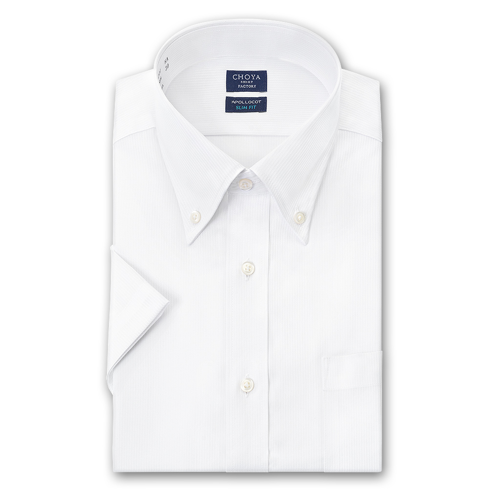 CHOYAシャツ Yシャツ スリムフィット 日清紡アポロコット 半袖 ワイシャツ メンズ 夏 形態安定 白ドビーストライプ  ボタンダウンシャツ 綿100% ホワイト チョーヤシャツ CHOYA SHIRT FACTORY(cfn660-201) 2306CL CHOYA  シャツ