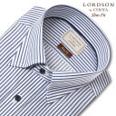 ワイシャツ メンズ 長袖 LORDSON スナップダウン 形態安定 ネイビーストライプ 紺色 スリムフィット 綿100％(cod062-455) 25FA