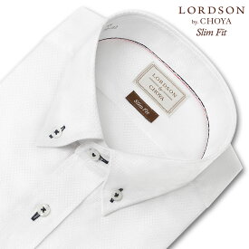 ワイシャツ メンズ 長袖 LORDSON ショートカラー ボタンダウンシャツ 形態安定 白ドビー ホワイト スリムフィット 綿100％(cod063-200)