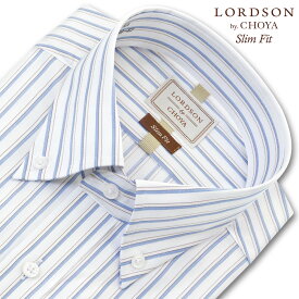 LORDSON Yシャツ 長袖 ワイシャツ メンズ ボタンダウン シャツ 形態安定 ブルー ストライプ スリムフィット 綿100% LORDSON by CHOYA(cod070-451) 2406SS