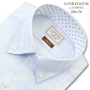 ワイシャツ メンズ 長袖 LORDSON スキッパーカラー ボタンダウンシャツ 形態安定 ブルー チェックドビー スリムフィッ…