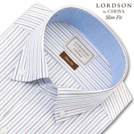 LORDSON Yシャツ 長袖 ワイシャツ メンズ スキッパーカラー ボタンダウン シャツ 形態安定 ブルー ストライプ スリムフィット 綿100% LORDSON by CHOYA(cod071-315)