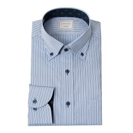 ワイシャツ メンズ 長袖 綿100％ ドレスシャツ LORDSON 形態安定 ブルー 青 ストライプ ボタンダウン (sa1)