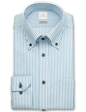 SHIRTMAKERCHOYAShiwanon長袖ワイシャツメンズ春夏秋冬形態安定加工ブルーのロンドンストライプボタンダウンシャツ|綿:50%ポリエステル:50%ブルー(cmd340-450)