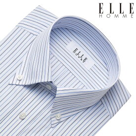 ELLE HOMME ワイシャツ メンズ 長袖 形態安定加工 ゆったり ブルー ネイビー ストライプ ボタンダウン