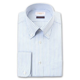 LORDSON Crest 長袖 ワイシャツ メンズ 形態安定 スリムフィット ボタンダウンカラー スカイブルー ダブルストライプ 綿100% (zod251-450)