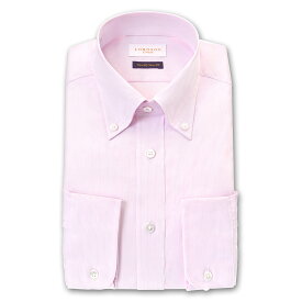 LORDSON Crest 長袖 ワイシャツ メンズ 形態安定 スリムフィット ピンクパープル ダブルピンストライプ ボタンダウン 綿100% (zod351-310)