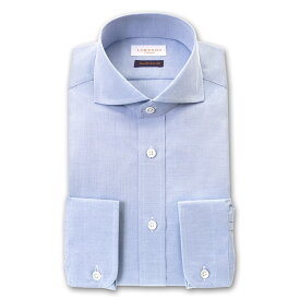 LORDSON Crest 長袖 ワイシャツ メンズ 形態安定 スリムフィット カッタウェイワイドカラー ライトブルー ハケメ エンドオンエンド 綿100% (zod352-150)