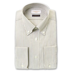 LORDSON Crest 長袖 ワイシャツ メンズ 形態安定 スリムフィット ブロックストライプ ブラウン アイボリー ホワイト ボタンダウン 綿100% (zod765-330)