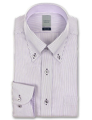 LORDSON長袖ワイシャツメンズ春夏秋冬形態安定加工パープルストライプボタンダウンシャツ|綿:100%パープル(zod906-465)