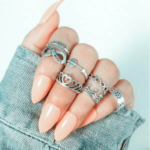 指輪 リング レディース 7個セット ハート 王冠 インフィニティ アロー クラウン アンティーク調 ファランジリング ミディリング 平打 アクセサリー