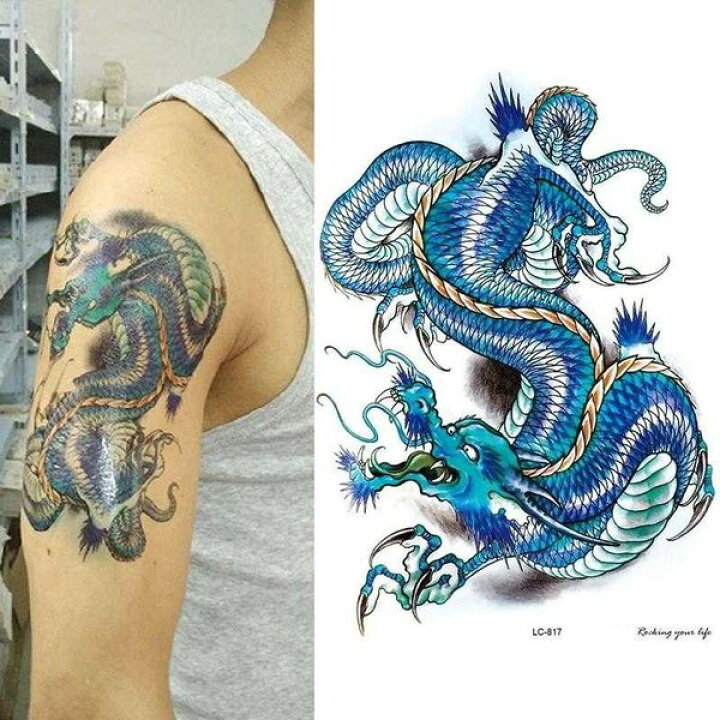 楽天市場 タトゥーシール 本物 リアル 大判 タトゥーシール 防水 刺青 龍 竜 ドラゴン カラー 青 Dragon ボディアート タトゥー シール 隠す 防水 オマケ付 ちゅらネット にふぇーでーびる